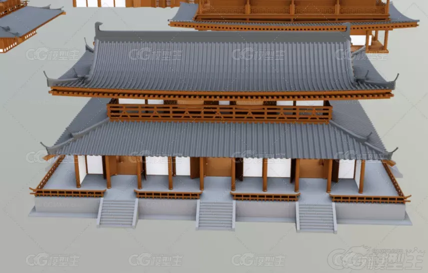 东方古建模块C4D唐朝风格建筑MAYA塔古风走廊宫殿楼宇城墙城楼3D模型-5