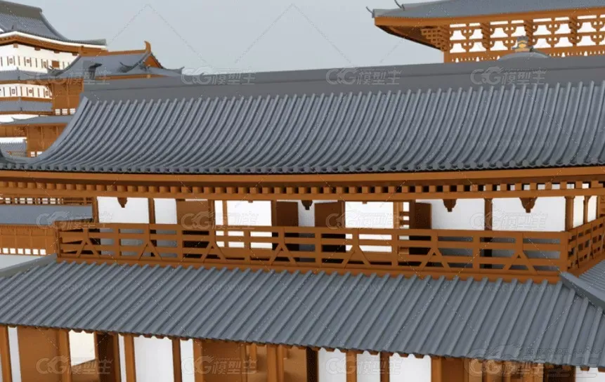 东方古建模块C4D唐朝风格建筑MAYA塔古风走廊宫殿楼宇城墙城楼3D模型-6