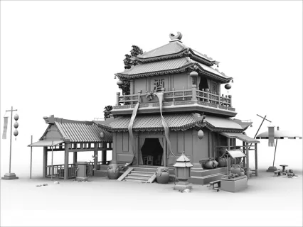 C4D中国古风酒楼建筑Blender古建酒馆桌椅MAX三维建模渲染素材