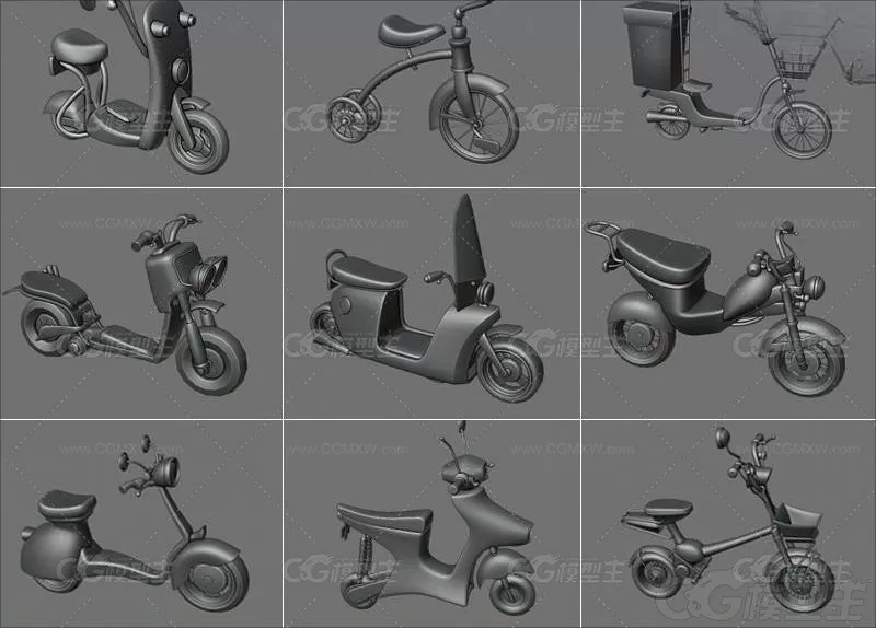 Q版 可爱卡通摩托车C4D低面交通工具MAX白模MAYA三维建模素材-1
