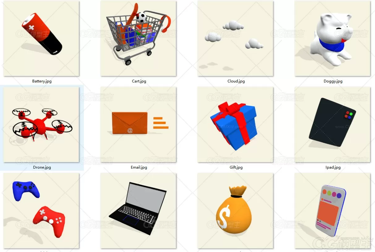 日常物体卡通模型Blender电池购物车邮件火箭购物袋无人机钱袋C4D模型-2