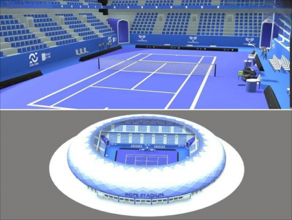 Blender低面卡通网球场C4D体育场球馆比赛场地FBX裁判席观众席