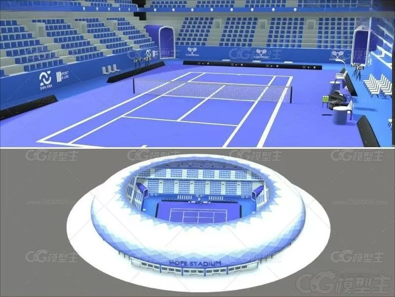 Blender低面卡通网球场C4D体育场球馆比赛场地FBX裁判席观众席-1