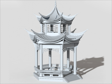 3D中国传统古风建筑六角凉亭C4D庭院古建亭子MAYA白模3D模型