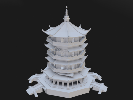 C4D古风建筑塔楼Blend八角楼模型MAYA低模白模3D建模设计素材