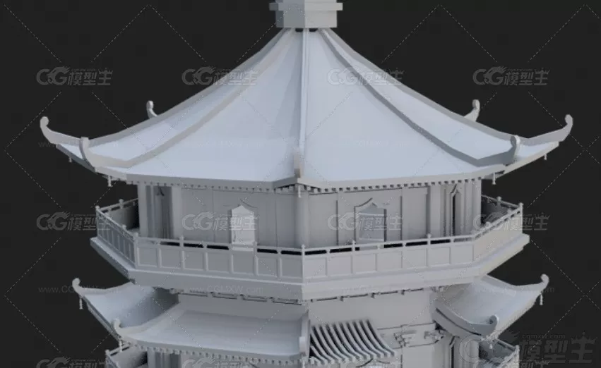 C4D古风建筑塔楼Blend八角楼模型MAYA低模白模3D建模设计素材-2