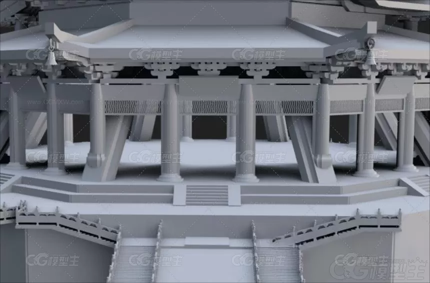 C4D古风建筑塔楼Blend八角楼模型MAYA低模白模3D建模设计素材-3