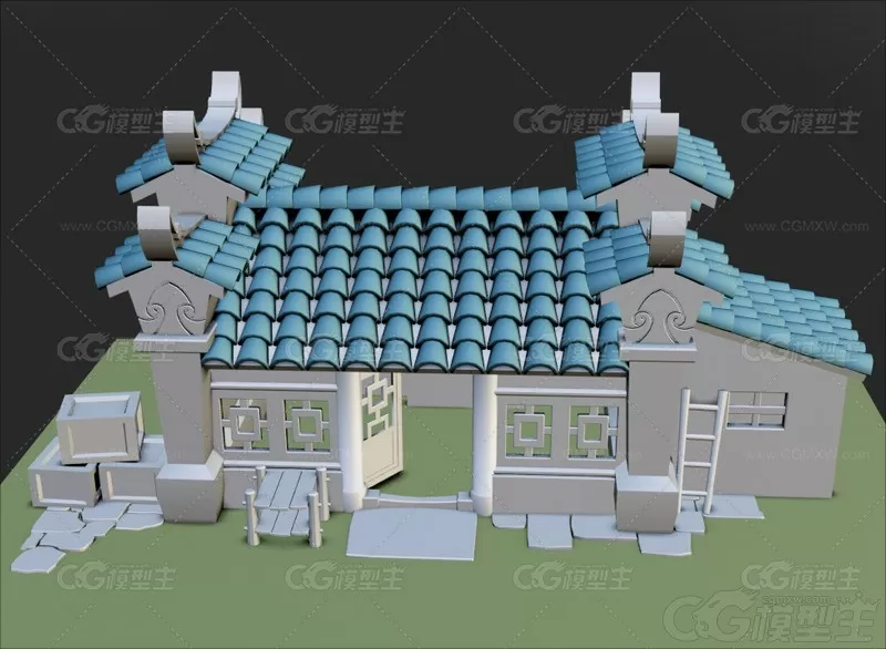 C4D低面古风简单房子建筑瓦片Blender建模素材源文件-1