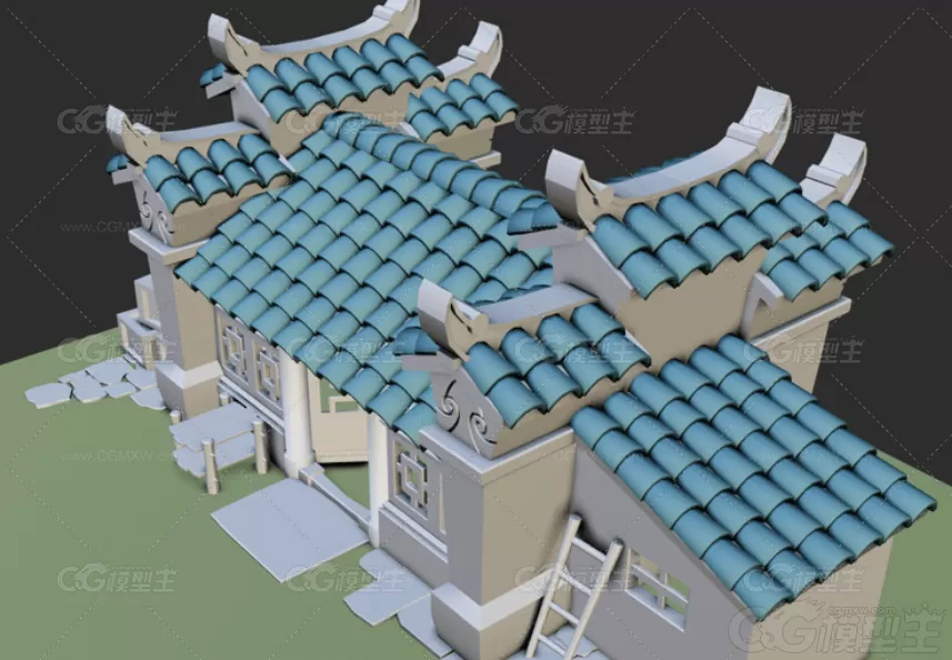 C4D低面古风简单房子建筑瓦片Blender建模素材源文件-2