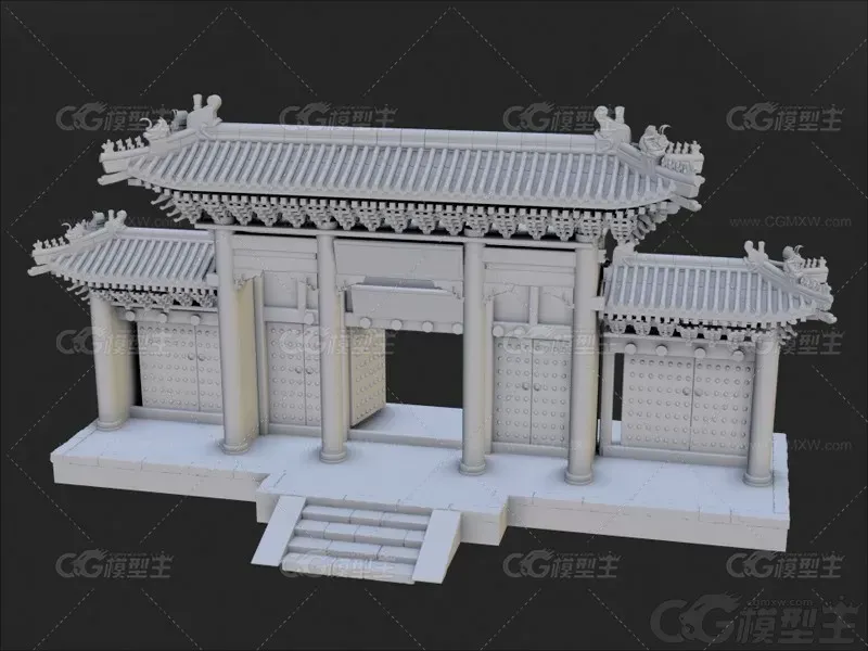 MAX古代大门模型MAX古风唐风庭院大门斗拱屋顶基础网格3D建模模型-1