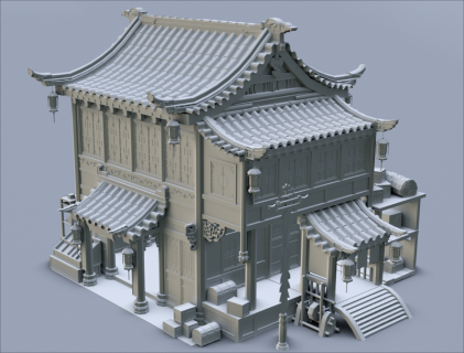 C4D古风酒楼客栈3D模型MAYA古建筑白膜FBX三维建模素材OBJ源文件