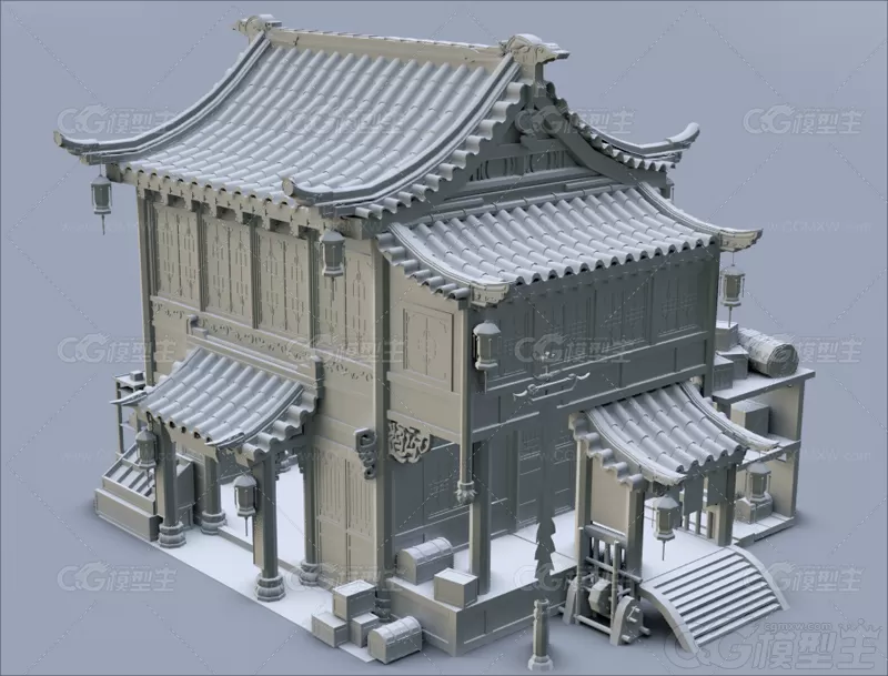 C4D古风酒楼客栈3D模型MAYA古建筑白膜FBX三维建模素材OBJ源文件-1