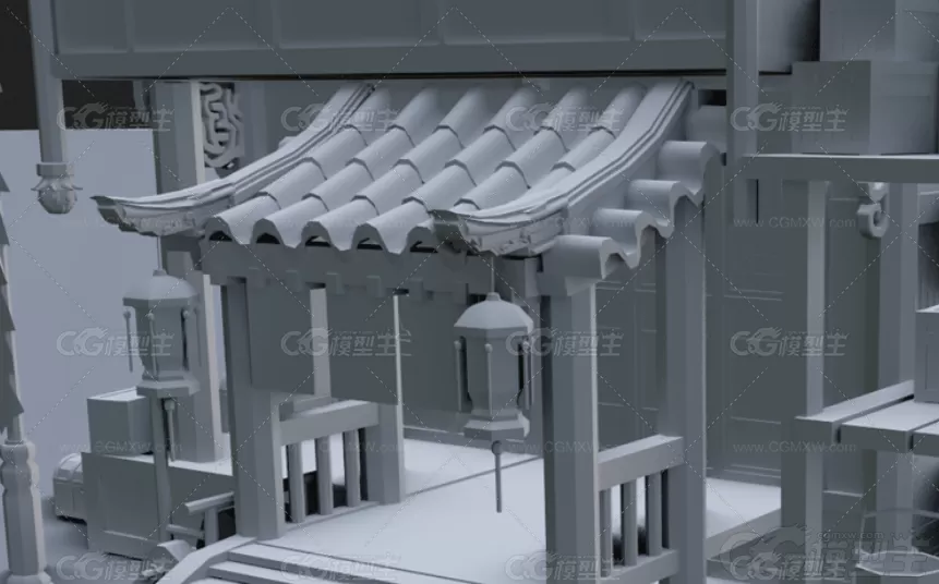 C4D古风酒楼客栈3D模型MAYA古建筑白膜FBX三维建模素材OBJ源文件-2