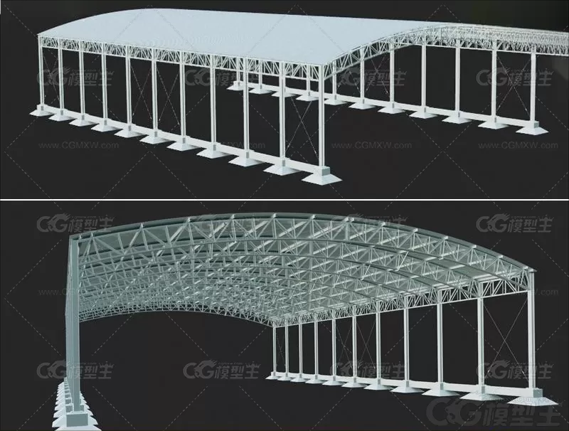 Blender工厂大棚3D模型工业遮阳棚C4D拱形棚屋顶雨棚OBJ建模素材-1