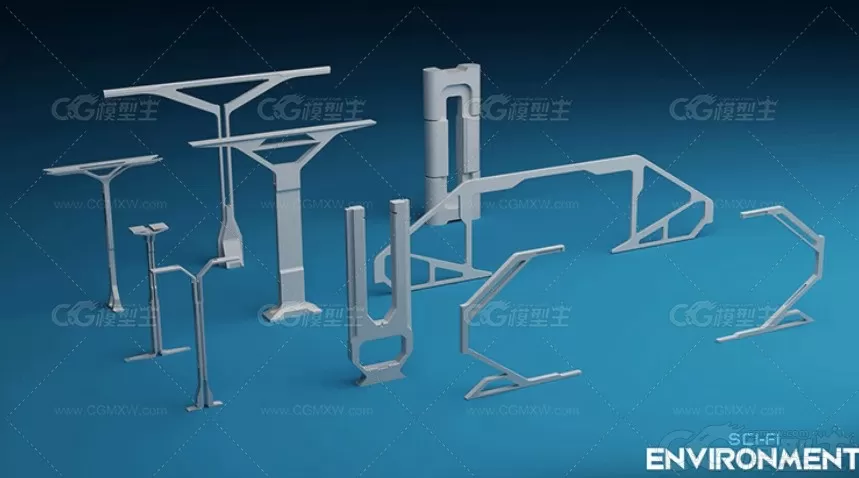 MAYA科幻空间构件模型C4D建筑模块组件OBJ门框立柱面板3D建模素材-2