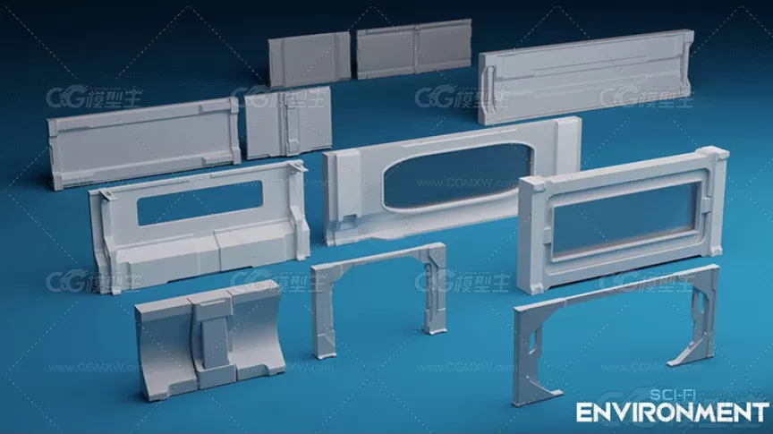 MAYA科幻空间构件模型C4D建筑模块组件OBJ门框立柱面板3D建模素材-5