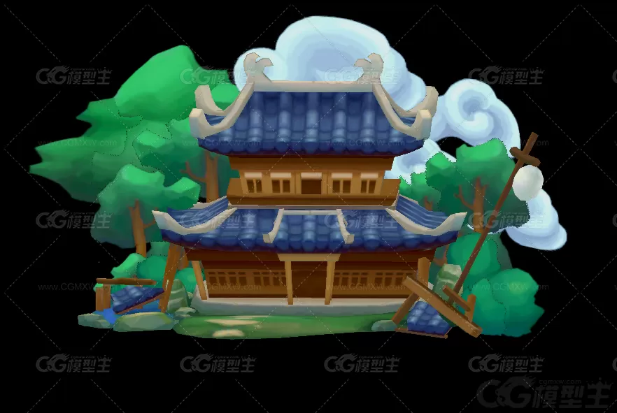 温泉楼  古建楼场景 手绘 Q版 卡通 中式 小场景 古代场景 仙侠场景 天宫 龙宫3D模型-1