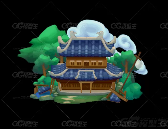 温泉楼  古建楼场景 手绘 Q版 卡通 中式 小场景 古代场景 仙侠场景 天宫 龙宫3D模型-2