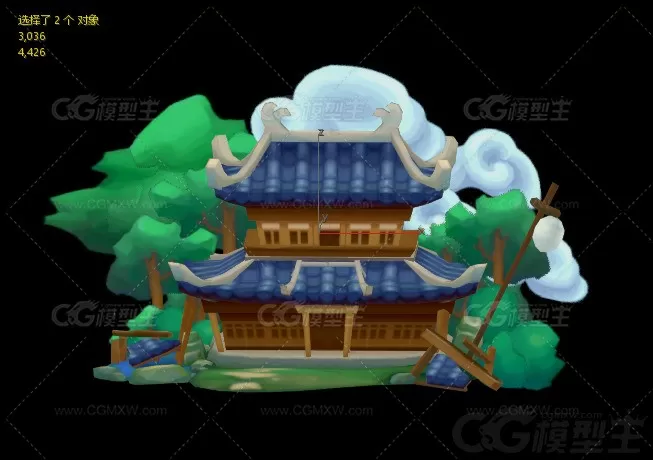 温泉楼  古建楼场景 手绘 Q版 卡通 中式 小场景 古代场景 仙侠场景 天宫 龙宫3D模型-3