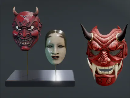 写实日式戏剧恶魔面具C4D神秘面罩Blender女魔道具3D模型