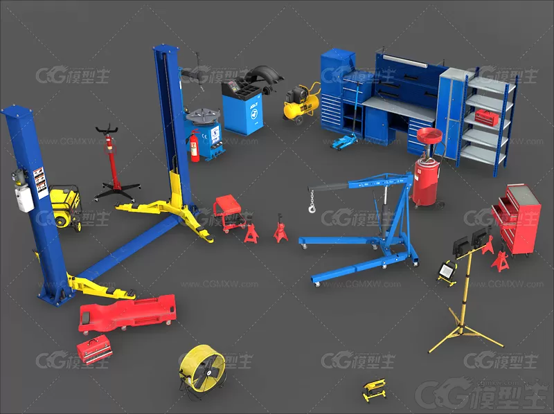 写实汽修工具3D模型C4D升降机工具箱blend照明灯千斤顶灭火器风扇3D模型-1