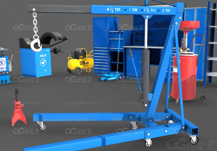 写实汽修工具3D模型C4D升降机工具箱blend照明灯千斤顶灭火器风扇3D模型-2