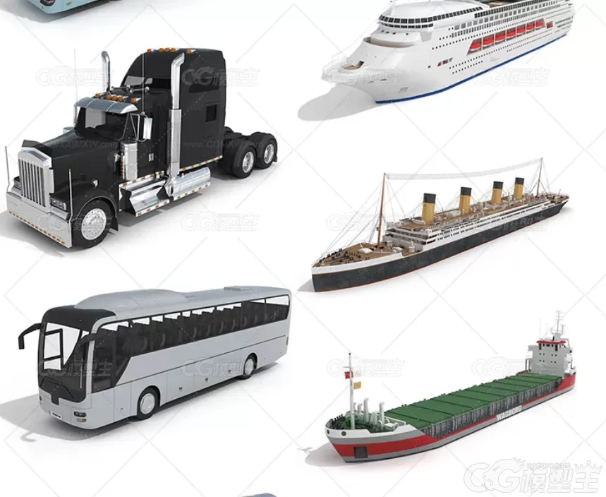 交通工具模型C4D大巴车高铁货车货轮游轮电车摩托自行车3D模型-6