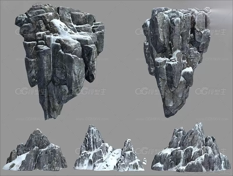 低面3D写实石头山峰模型C4D石山悬崖岩石雪山低模FBX设计素材3D模型-1