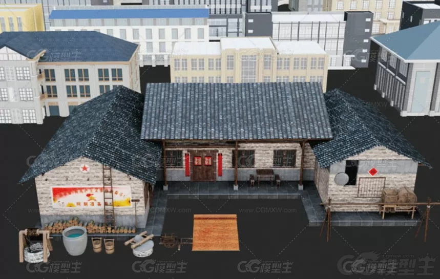 C4D低面房子3D建筑Blender民房房屋住宅低模MAYA楼房瓦房村屋-6