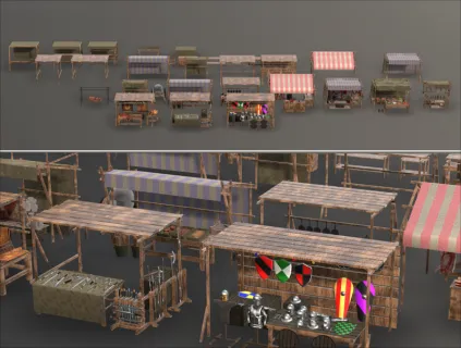 中世纪摊位模型C4D古代市场集市MAYA兵器盔甲布匹陶瓷鱼肉档口3D模型