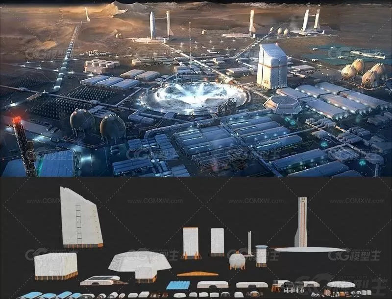 C4D科幻宇宙殖民地场景3D外星球太空实验室Blender建筑PBR模型OBJ-1