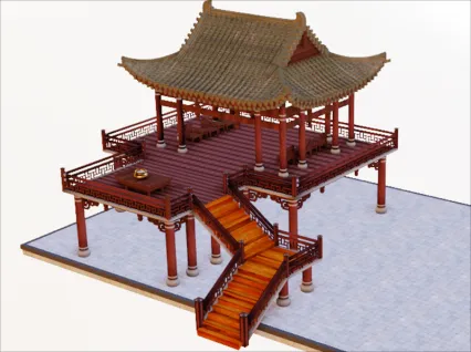 3D古风建筑庭院燕台楼C4D低模MAYA中式古代三维场景素材源文件FBX模型