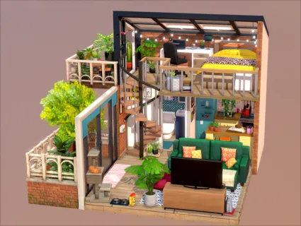 3D卡通工作室公寓场景3D模型Blender阁楼花园建模渲染设计FBX素材