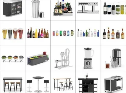 C4D酒吧道具3D模型FBX酒瓶酒架酒托盘红酒鸡尾酒杯子吧台桌椅OBJ模型
