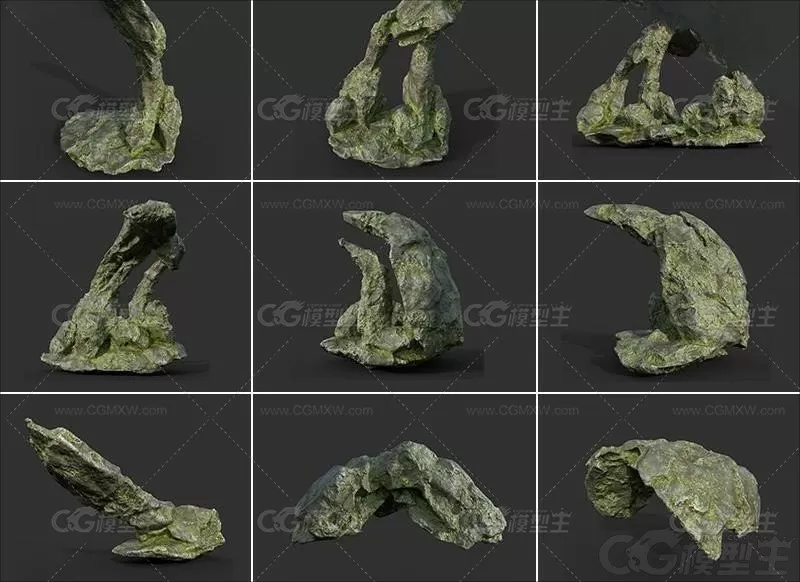 C4D石头岩石假山园林带苔藓石块3D模型FBX格式OBJ渲染建模素材-1