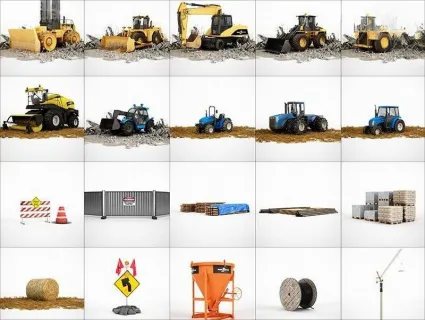 C4D建筑道路施工材料设施模型FBX挖掘机路障木板砖块管道OBJ素材