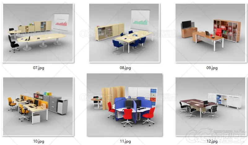 C4D写实办公室家具组合3D模型FBX桌椅会议桌书柜OBJ建模渲染素材-3