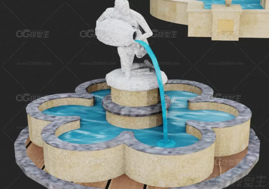 C4D喷泉水池3D模型MAYA低模MAX园林景观建模渲染设计FBX素材OBJ-3