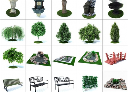 C4D园林景观3D模型户外长凳藤蔓树木水池喷泉模块FBX建模渲染素材