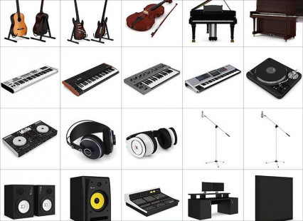 C4D音乐设备模型FBX吉他电子琴钢琴耳麦打碟机OBJ建模渲染3D素材