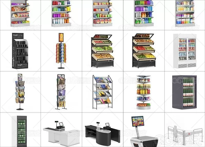 C4D购物商店货架模型FBX书报架超市收银设备电子秤购物篮OBJ素材-1