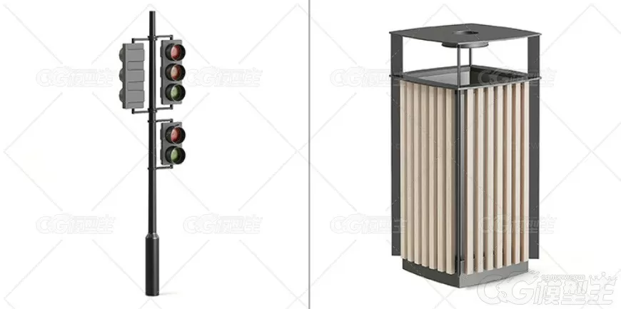 C4D写实街道设备FBX信号灯路牌垃圾桶路障消防栓OBJ建模渲染素材-3