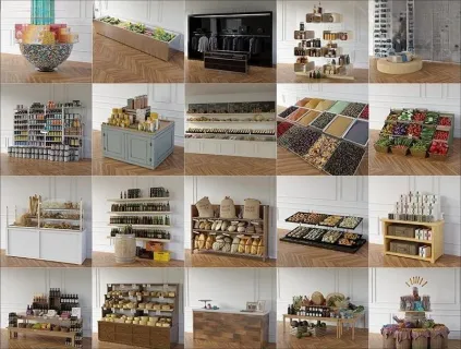 C4D食品商店超市货架模型FBX面包零食店柜子酒架建模渲染OBJ素材
