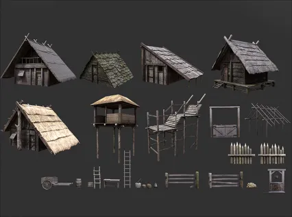 C4D中世纪风格木屋MAYA低面写实PBR古代建筑模型FBX建模渲染素材