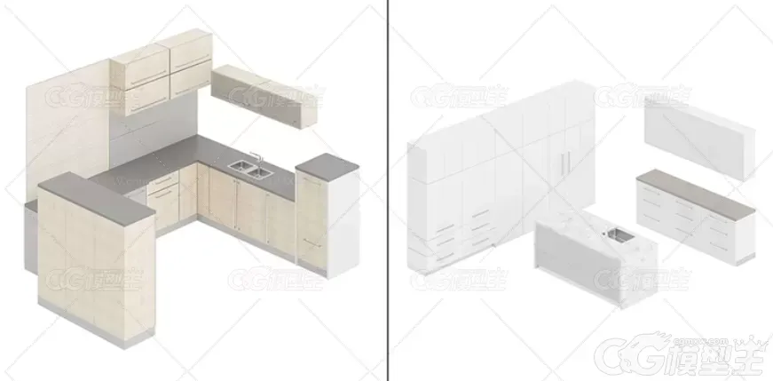 C4D厨房橱柜FBX吧台家具西厨3D模型建模渲染设计素材源文件-2