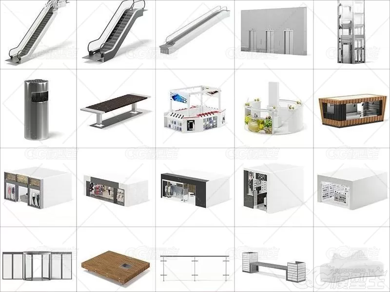 C4D购物广场商场商店铺位FBX电梯直梯导航机扶梯展厅档口OBJ素材-1