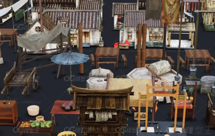 MAYA低面古风古代集市场摊位C4D房屋旗帜道具模型FBX建模渲染素材-2
