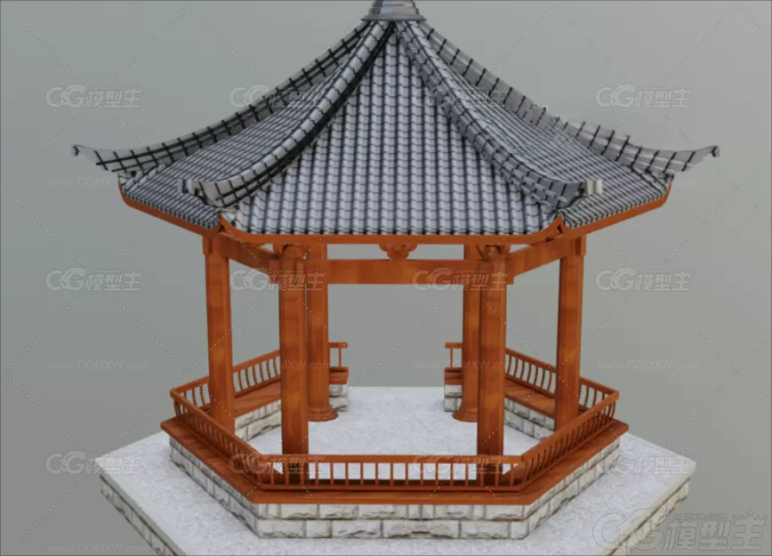 MAYA中式风格庭院建筑C4D古代八角亭子凉亭模型3D建模渲染素材FBX-4