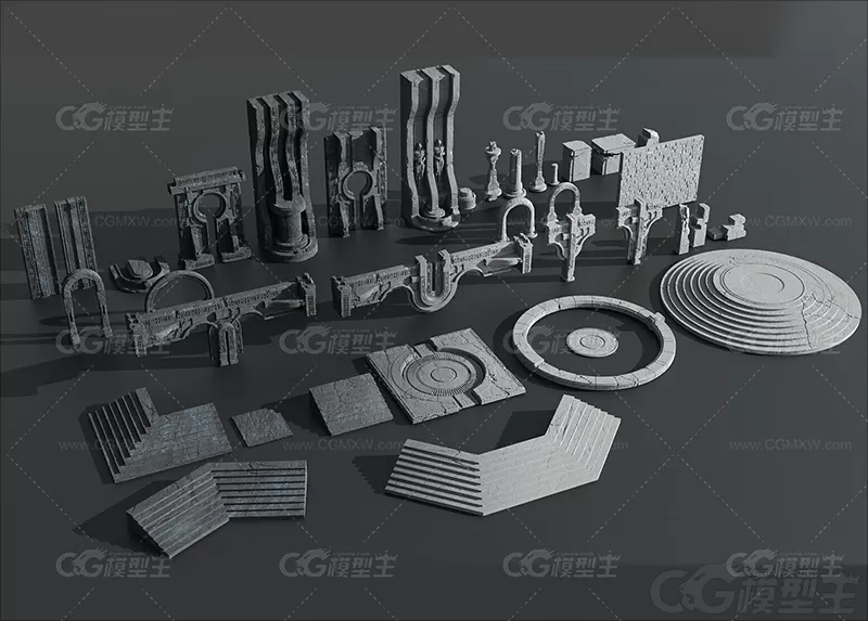 C4D科幻建筑遗址模块FBX模型MAX寺庙型拱门雕像平台高模渲染素材-1