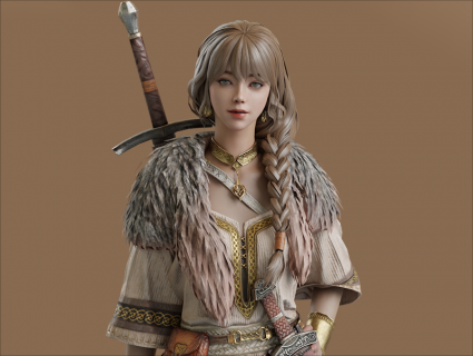 Blender高精度次时代PBR中世纪美女战士3D模型FBX素材 带骨骼绑定